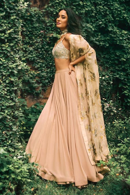 Buy Bhumika Sharma Pink Organza, Net, Georgette Lisa Gathered Lehenga Set With Embroidered Cape Online at Aza Fashions Buy_Bhumika Sharma_Pink Organza, Net, Georgette Lisa Gathered Lehenga Set With Embroidered Cape _Online_at_Aza_Fashions