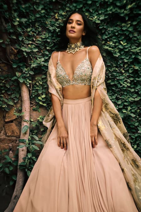 Bhumika Sharma Pink Organza, Net, Georgette Lisa Gathered Lehenga Set With Embroidered Cape at Aza Fashions Bhumika Sharma_Pink Organza, Net, Georgette Lisa Gathered Lehenga Set With Embroidered Cape _at_Aza_Fashions