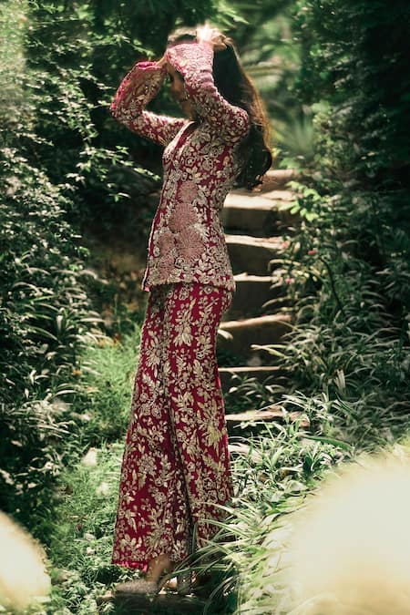 Shop Bhumika Sharma Pink Net Sequins, Beads, Embroidery V-neck Lisa Jacket With Pant at Aza Fashions Shop_Bhumika Sharma_Pink Net Sequins, Beads, Embroidery V-neck Lisa Jacket With Pant _at_Aza_Fashions