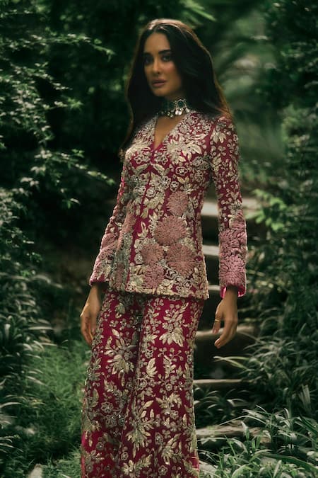 Bhumika Sharma Pink Net Sequins, Beads, Embroidery V-neck Lisa Jacket With Pant Online at Aza Fashions Bhumika Sharma_Pink Net Sequins, Beads, Embroidery V-neck Lisa Jacket With Pant _Online_at_Aza_Fashions