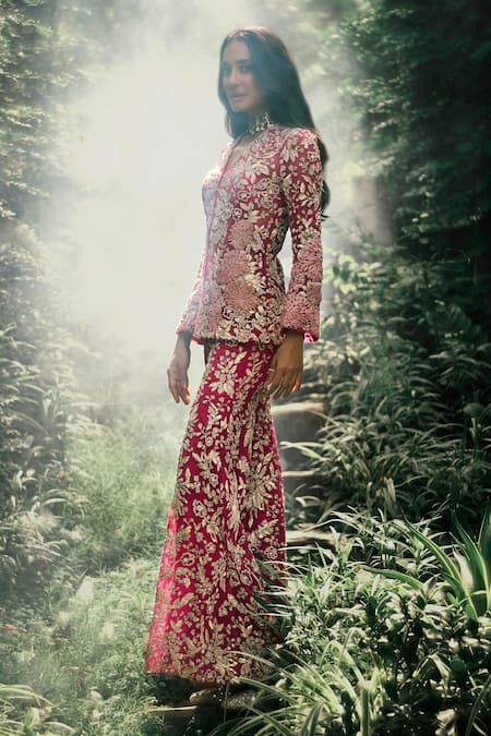 Buy Bhumika Sharma Pink Net Sequins, Beads, Embroidery V-neck Lisa Jacket With Pant Online at Aza Fashions Buy_Bhumika Sharma_Pink Net Sequins, Beads, Embroidery V-neck Lisa Jacket With Pant _Online_at_Aza_Fashions