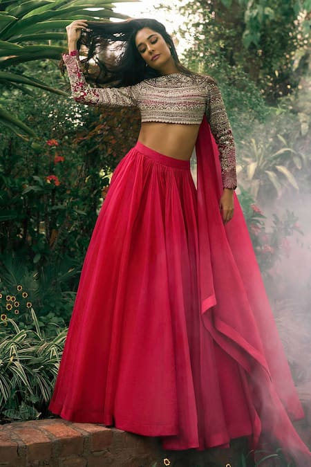 Bhumika Sharma Pink Net Embroidered Sequins Closed Round Lehenga Blouse Set 