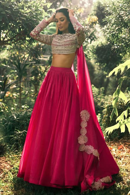 Shop Bhumika Sharma Pink Organza, Net Sequins, Beads, Embroidery Round Neck Lehenga Blouse Set Online at Aza Fashions Shop_Bhumika Sharma_Pink Organza, Net Sequins, Beads, Embroidery Round Neck Lehenga Blouse Set _Online_at_Aza_Fashions