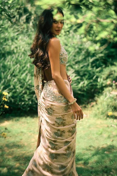 Shop Bhumika Sharma Pink Georgette, Net Sequins, Beads, Embroidery Halter Neck Lisa Saree Set at Aza Fashions Shop_Bhumika Sharma_Pink Georgette, Net Sequins, Beads, Embroidery Halter Neck Lisa Saree Set _at_Aza_Fashions