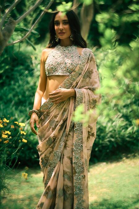 Bhumika Sharma Pink Georgette, Net Sequins, Beads, Embroidery Halter Neck Lisa Saree Set Online at Aza Fashions Bhumika Sharma_Pink Georgette, Net Sequins, Beads, Embroidery Halter Neck Lisa Saree Set _Online_at_Aza_Fashions