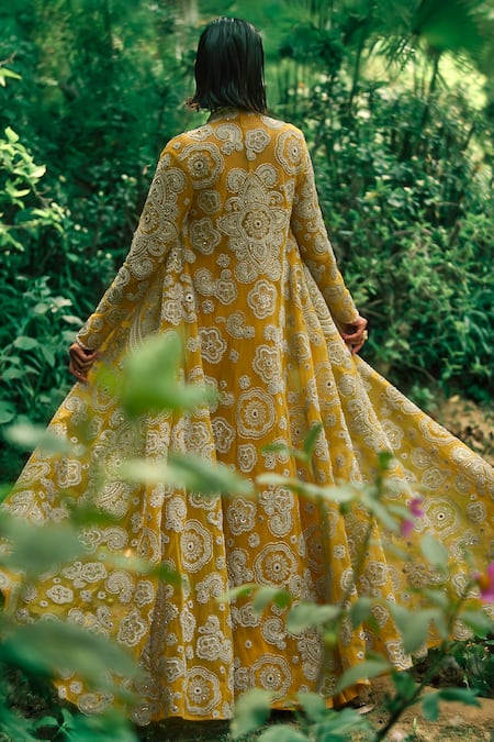 Shop Bhumika Sharma Yellow Net, Georgette Embroidery Round Neck, Open Floral Pant Set With Jacket at Aza Fashions Shop_Bhumika Sharma_Yellow Net, Georgette Embroidery Round Neck, Open Floral Pant Set With Jacket _at_Aza_Fashions