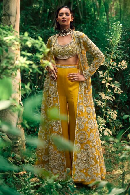 Bhumika Sharma Yellow Net, Georgette Embroidery Round Neck, Open Floral Pant Set With Jacket Online at Aza Fashions Bhumika Sharma_Yellow Net, Georgette Embroidery Round Neck, Open Floral Pant Set With Jacket _Online_at_Aza_Fashions