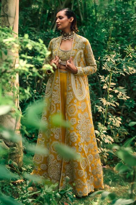 Buy Bhumika Sharma Yellow Net, Georgette Embroidery Round Neck, Open Floral Pant Set With Jacket Online at Aza Fashions Buy_Bhumika Sharma_Yellow Net, Georgette Embroidery Round Neck, Open Floral Pant Set With Jacket _Online_at_Aza_Fashions