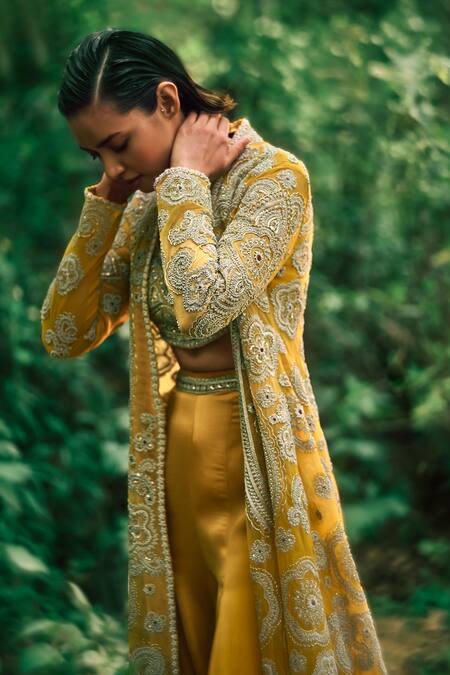 Shop Bhumika Sharma Yellow Net, Georgette Embroidery Round Neck, Open Floral Pant Set With Jacket Online at Aza Fashions Shop_Bhumika Sharma_Yellow Net, Georgette Embroidery Round Neck, Open Floral Pant Set With Jacket _Online_at_Aza_Fashions