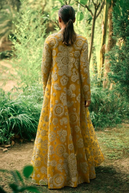 Shop Bhumika Sharma Yellow Net, Georgette Embroidery Round Neck, Open Saree Set With Floral Jacket at Aza Fashions Shop_Bhumika Sharma_Yellow Net, Georgette Embroidery Round Neck, Open Saree Set With Floral Jacket _at_Aza_Fashions