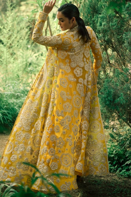 Bhumika Sharma Yellow Net, Georgette Embroidery Round Neck, Open Saree Set With Floral Jacket Online at Aza Fashions Bhumika Sharma_Yellow Net, Georgette Embroidery Round Neck, Open Saree Set With Floral Jacket _Online_at_Aza_Fashions