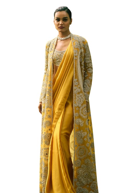 Buy Bhumika Sharma Yellow Net, Georgette Embroidery Round Neck, Open Saree Set With Floral Jacket Online at Aza Fashions Buy_Bhumika Sharma_Yellow Net, Georgette Embroidery Round Neck, Open Saree Set With Floral Jacket _Online_at_Aza_Fashions