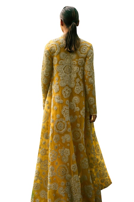 Shop Bhumika Sharma Yellow Net, Georgette Embroidery Round Neck, Open Saree Set With Floral Jacket Online at Aza Fashions Shop_Bhumika Sharma_Yellow Net, Georgette Embroidery Round Neck, Open Saree Set With Floral Jacket _Online_at_Aza_Fashions