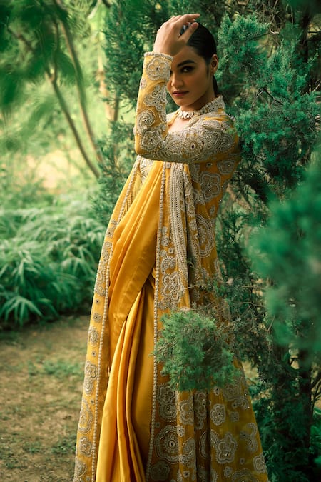 Bhumika Sharma Yellow Net, Georgette Embroidery Round Neck, Open Saree Set With Floral Jacket at Aza Fashions Bhumika Sharma_Yellow Net, Georgette Embroidery Round Neck, Open Saree Set With Floral Jacket _at_Aza_Fashions
