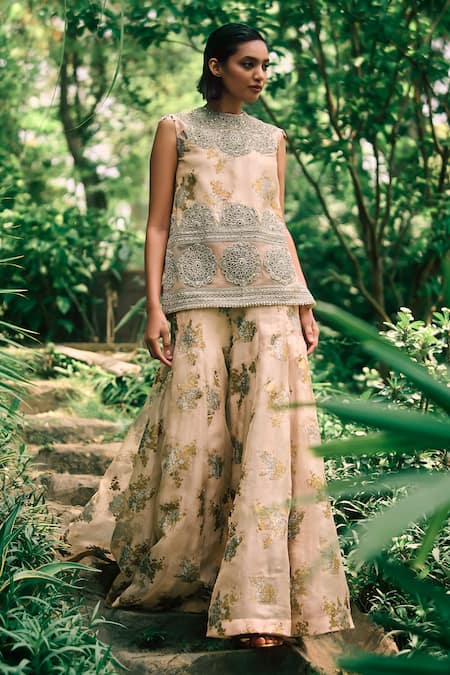 Bhumika Sharma Pink Organza, Net Embroidery Sylvia Flower Print Short Kurta With Sharara