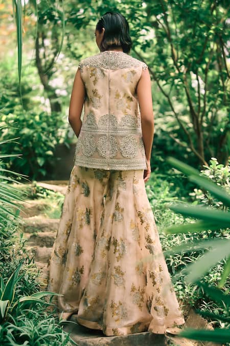 Shop Bhumika Sharma Pink Organza, Net Embroidery Sylvia Flower Print Short Kurta With Sharara at Aza Fashions Shop_Bhumika Sharma_Pink Organza, Net Embroidery Sylvia Flower Print Short Kurta With Sharara _at_Aza_Fashions