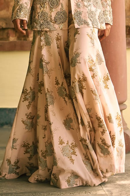 Buy_Bhumika Sharma_Pink Georgette Embroidery V-neck Sylvia Flower Print Jacket With Pant _Online_at_Aza_Fashions