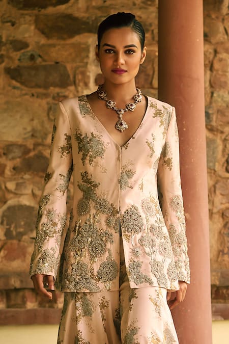 Shop_Bhumika Sharma_Pink Georgette Embroidery V-neck Sylvia Flower Print Jacket With Pant _Online_at_Aza_Fashions