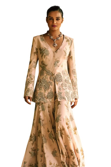 Bhumika Sharma_Pink Georgette Embroidery V-neck Sylvia Flower Print Jacket With Pant _at_Aza_Fashions