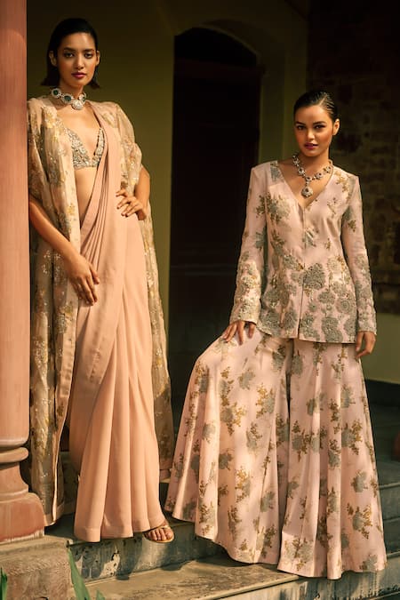 Shop_Bhumika Sharma_Pink Georgette Embroidery V-neck Sylvia Flower Print Jacket With Pant 