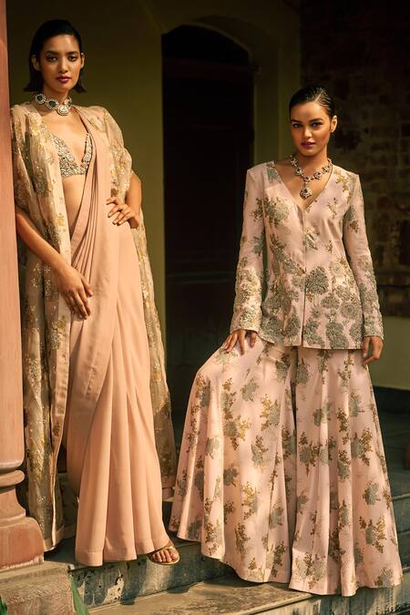 Bhumika Sharma Pink Georgette, Organza, Net Sequins, Saree Set With Sylvia Flower Print Cape Online at Aza Fashions Bhumika Sharma_Pink Georgette, Organza, Net Sequins, Saree Set With Sylvia Flower Print Cape _Online_at_Aza_Fashions