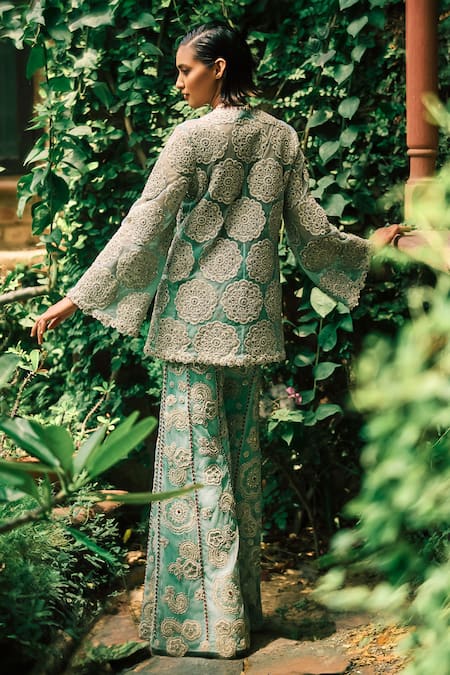 Shop Bhumika Sharma Blue Net Embroidery Plunge Neck Flower Jacket With Pant at Aza Fashions Shop_Bhumika Sharma_Blue Net Embroidery Plunge Neck Flower Jacket With Pant _at_Aza_Fashions