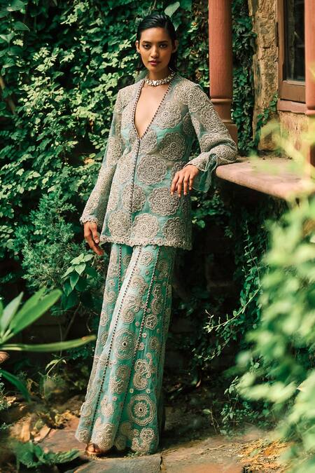 Bhumika Sharma Blue Net Embroidery Plunge Neck Flower Jacket With Pant Online at Aza Fashions Bhumika Sharma_Blue Net Embroidery Plunge Neck Flower Jacket With Pant _Online_at_Aza_Fashions