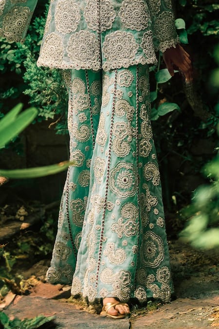 Buy Bhumika Sharma Blue Net Embroidery Plunge Neck Flower Jacket With Pant Online at Aza Fashions Buy_Bhumika Sharma_Blue Net Embroidery Plunge Neck Flower Jacket With Pant _Online_at_Aza_Fashions