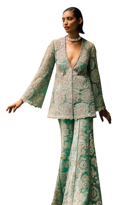 Shop Bhumika Sharma Blue Net Embroidery Plunge Neck Flower Jacket With Pant Online at Aza Fashions Shop_Bhumika Sharma_Blue Net Embroidery Plunge Neck Flower Jacket With Pant _Online_at_Aza_Fashions
