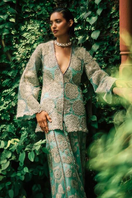 Bhumika Sharma Blue Net Embroidery Plunge Neck Flower Jacket With Pant at Aza Fashions Bhumika Sharma_Blue Net Embroidery Plunge Neck Flower Jacket With Pant _at_Aza_Fashions