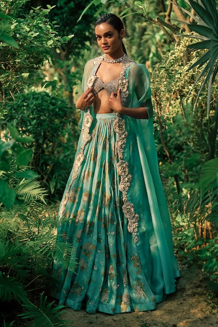 Bhumika Sharma Blue Georgette Embroidered Sequins Bustier Sylvia Flower Print Lehenga Cape Set 