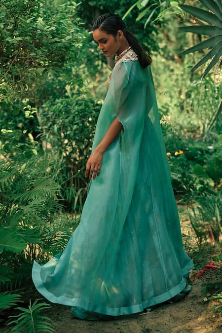 Shop Bhumika Sharma Blue Organza, Georgette Sequins, Beads Sylvia Flower Print Lehenga Cape Set at Aza Fashions Shop_Bhumika Sharma_Blue Organza, Georgette Sequins, Beads Sylvia Flower Print Lehenga Cape Set _at_Aza_Fashions