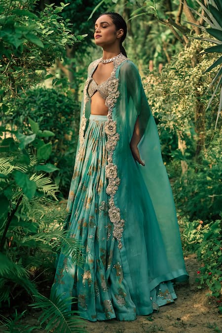 Bhumika Sharma Blue Organza, Georgette Sequins, Beads Sylvia Flower Print Lehenga Cape Set Online at Aza Fashions Bhumika Sharma_Blue Organza, Georgette Sequins, Beads Sylvia Flower Print Lehenga Cape Set _Online_at_Aza_Fashions