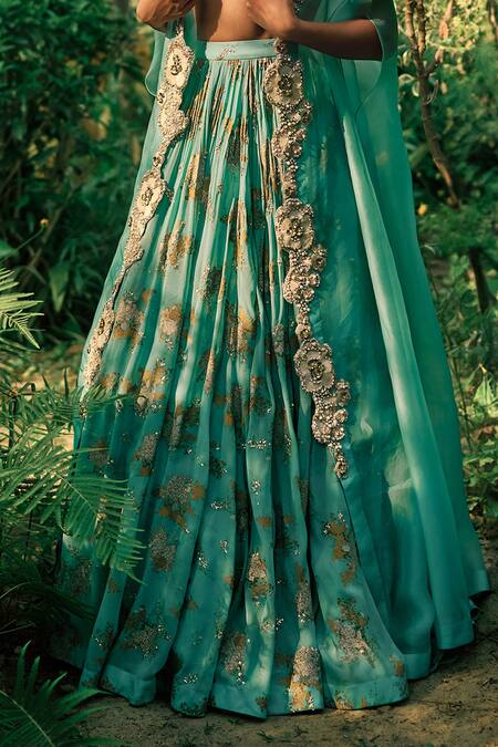 Buy Bhumika Sharma Blue Organza, Georgette Sequins, Beads Sylvia Flower Print Lehenga Cape Set Online at Aza Fashions Buy_Bhumika Sharma_Blue Organza, Georgette Sequins, Beads Sylvia Flower Print Lehenga Cape Set _Online_at_Aza_Fashions