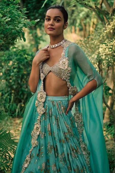 Shop Bhumika Sharma Blue Organza, Georgette Sequins, Beads Sylvia Flower Print Lehenga Cape Set Online at Aza Fashions Shop_Bhumika Sharma_Blue Organza, Georgette Sequins, Beads Sylvia Flower Print Lehenga Cape Set _Online_at_Aza_Fashions