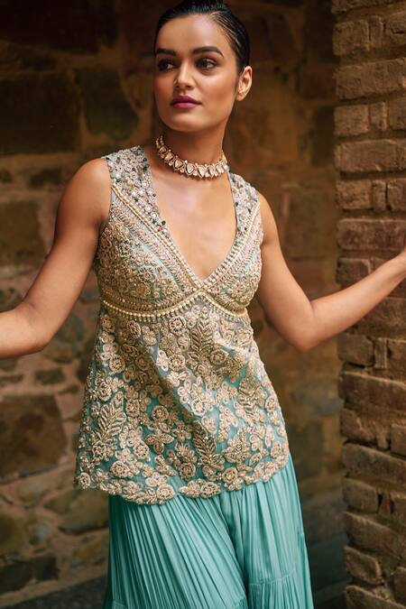 Buy_Bhumika Sharma_Blue Net, Georgette Embroidery V-neck Floral Short Kurta With Sharara _Online_at_Aza_Fashions