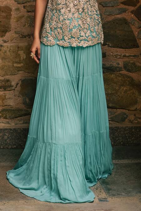 Shop_Bhumika Sharma_Blue Net, Georgette Embroidery V-neck Floral Short Kurta With Sharara _Online_at_Aza_Fashions