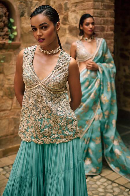 Bhumika Sharma_Blue Net, Georgette Embroidery V-neck Floral Short Kurta With Sharara _at_Aza_Fashions
