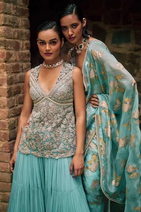 Buy_Bhumika Sharma_Blue Net, Georgette Embroidery V-neck Floral Short Kurta With Sharara 