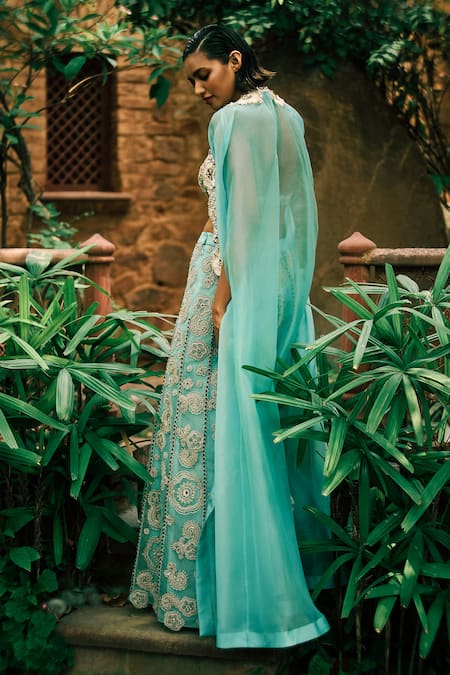 Shop Bhumika Sharma Blue Organza, Net Embroidery Sweetheart Neck, Open Flower Pant Set With Cape at Aza Fashions Shop_Bhumika Sharma_Blue Organza, Net Embroidery Sweetheart Neck, Open Flower Pant Set With Cape _at_Aza_Fashions