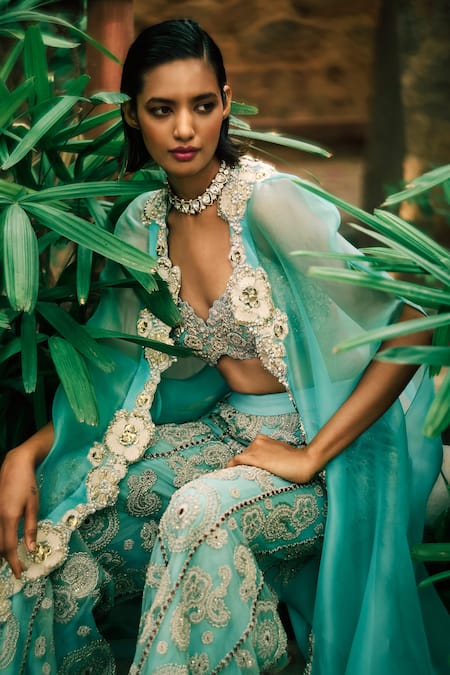 Buy Bhumika Sharma Blue Organza, Net Embroidery Sweetheart Neck, Open Flower Pant Set With Cape Online at Aza Fashions Buy_Bhumika Sharma_Blue Organza, Net Embroidery Sweetheart Neck, Open Flower Pant Set With Cape _Online_at_Aza_Fashions