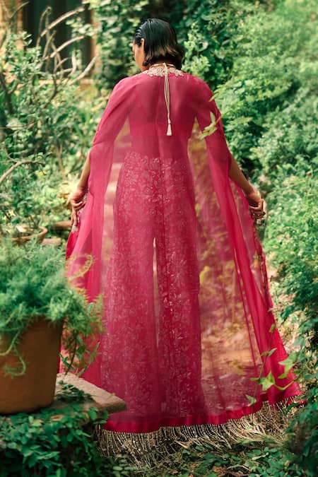 Shop Bhumika Sharma Pink Organza, Net, Georgette Embroidery Sweetheart Neck, Open Pant Set With Cape at Aza Fashions Shop_Bhumika Sharma_Pink Organza, Net, Georgette Embroidery Sweetheart Neck, Open Pant Set With Cape _at_Aza_Fashions