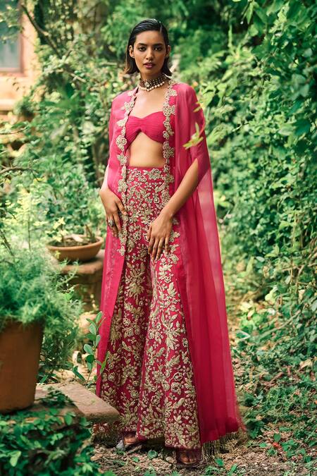 Buy Bhumika Sharma Pink Organza, Net, Georgette Embroidery Sweetheart Neck, Open Pant Set With Cape Online at Aza Fashions Buy_Bhumika Sharma_Pink Organza, Net, Georgette Embroidery Sweetheart Neck, Open Pant Set With Cape _Online_at_Aza_Fashions