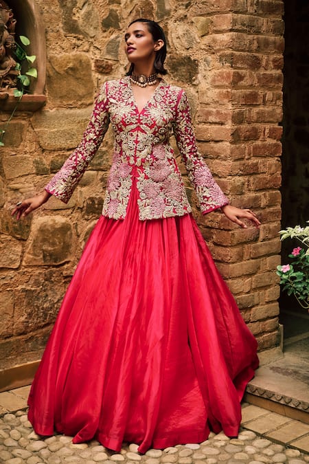 Bhumika Sharma_Pink Organza, Net Embroidery V-neck Farasha Lehenga With Flower Jacket _Online_at_Aza_Fashions