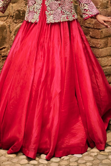 Buy_Bhumika Sharma_Pink Organza, Net Embroidery V-neck Farasha Lehenga With Flower Jacket _Online_at_Aza_Fashions