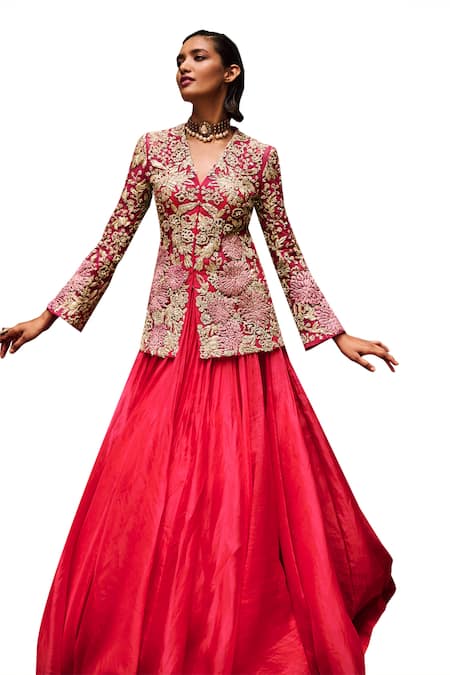 Shop_Bhumika Sharma_Pink Organza, Net Embroidery V-neck Farasha Lehenga With Flower Jacket _Online_at_Aza_Fashions