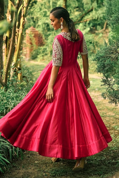 Shop Bhumika Sharma Pink Satin, Silk Embroidery Round Neck Farasha Anarkali With Pant at Aza Fashions Shop_Bhumika Sharma_Pink Satin, Silk Embroidery Round Neck Farasha Anarkali With Pant _at_Aza_Fashions