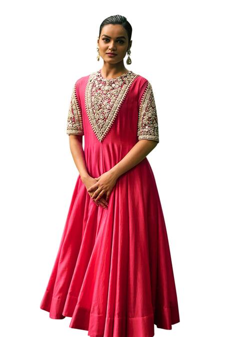 Buy Bhumika Sharma Pink Satin, Silk Embroidery Round Neck Farasha Anarkali With Pant Online at Aza Fashions Buy_Bhumika Sharma_Pink Satin, Silk Embroidery Round Neck Farasha Anarkali With Pant _Online_at_Aza_Fashions