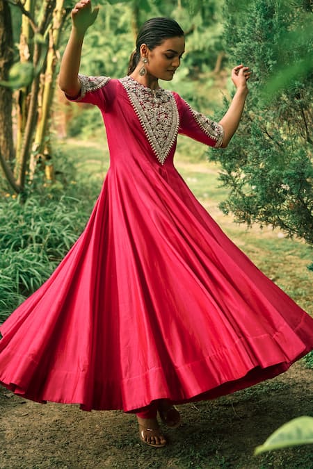 Shop Bhumika Sharma Pink Satin, Silk Embroidery Round Neck Farasha Anarkali With Pant Online at Aza Fashions Shop_Bhumika Sharma_Pink Satin, Silk Embroidery Round Neck Farasha Anarkali With Pant _Online_at_Aza_Fashions