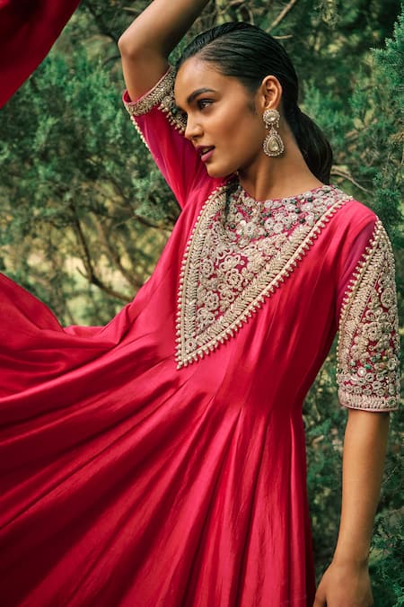Bhumika Sharma Pink Satin, Silk Embroidery Round Neck Farasha Anarkali With Pant at Aza Fashions Bhumika Sharma_Pink Satin, Silk Embroidery Round Neck Farasha Anarkali With Pant _at_Aza_Fashions